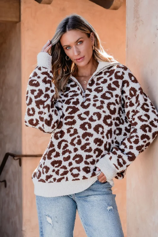 Fuzzy Tan Leopard Print Zip Up Sweater