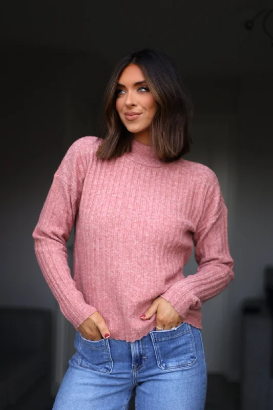 Pink Ribbed Mock Neck Sweater