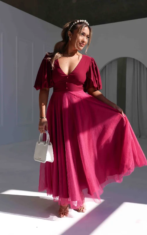 One Kiss Tulle Maxi Dress - Wine