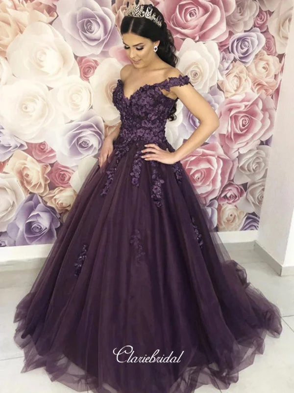 Off Shoulder Appliques Long Prom Dresses, A-line Prom Dresses, Tulle Prom Dresses