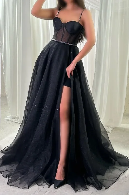 Black A-Line Straps Sweetheart Empire-Waist Tulle Prom Formal Dress with Slit