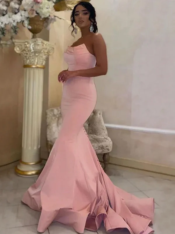 Straight Across Pink Strapless Sexy Mermaid Long Tail Prom Dress, PD3469