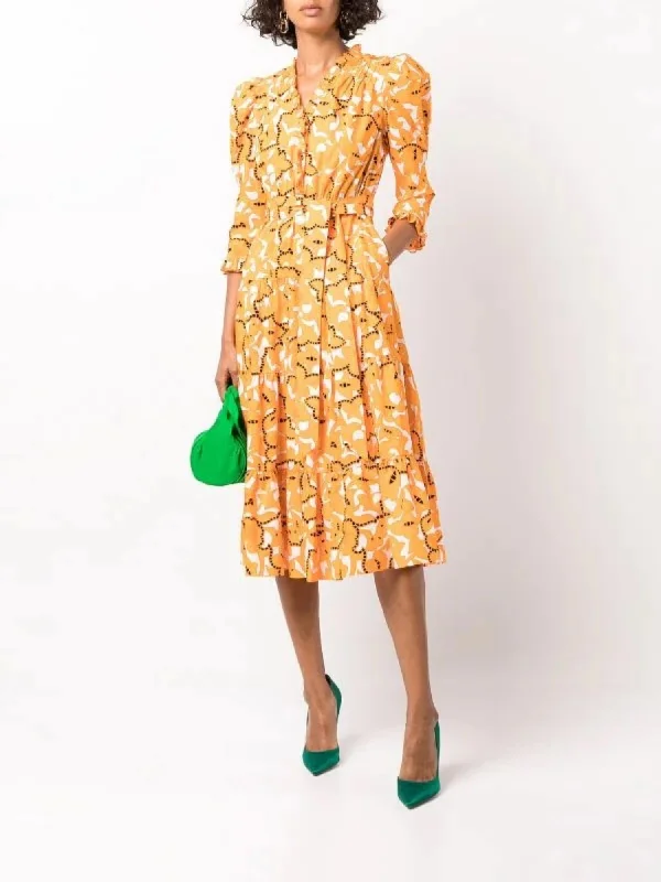 Leylani Ruffled Midi Dress In Paisley Buds Marigold