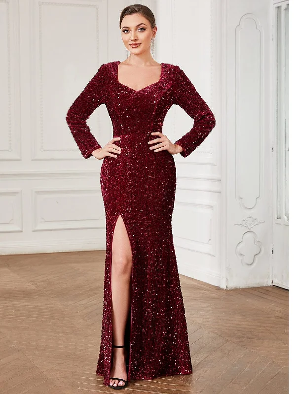 Sequin Long Sleeve Sweetheart Bodycon Front Slit Evening Dress