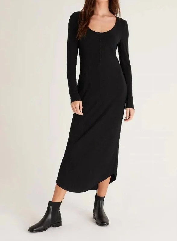 Heidi Rib Henley Midi Dress In Black