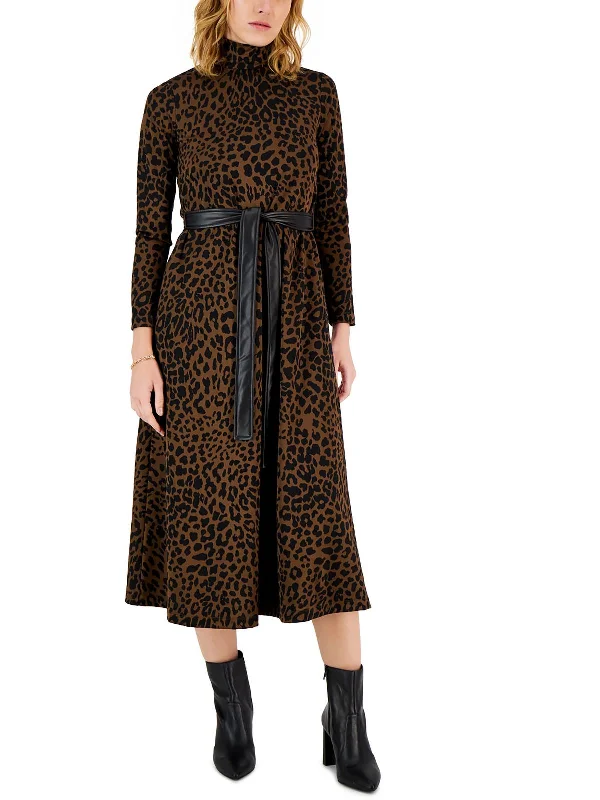 Petites Womens Turtleneck Animal Print Midi Dress