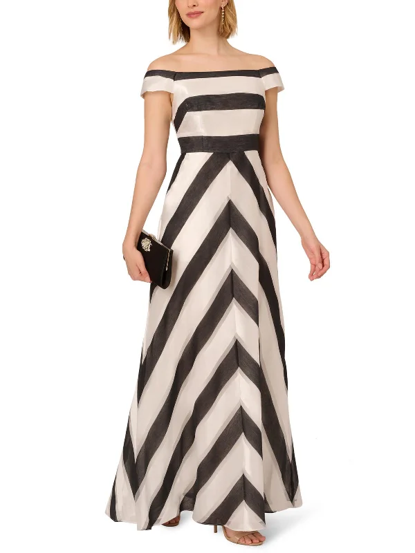 Womens Striped Off-The-Shoulder Evening Dress