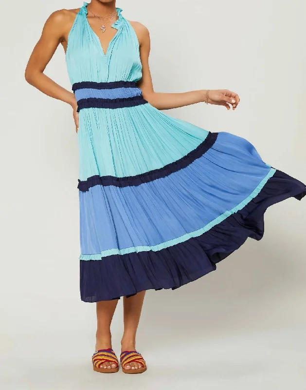 Colorblock Tiered Midi Dress In Blue Multi