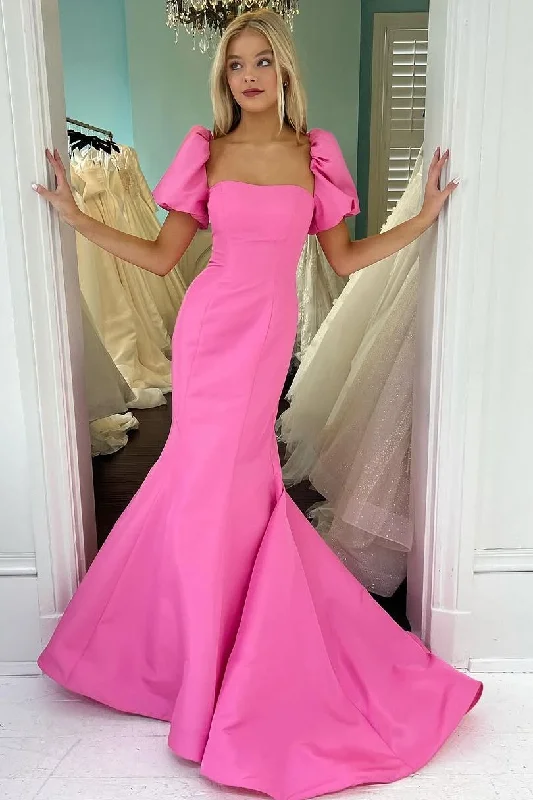 Pink Mermaid Short Sleeves Satin Long Formal Prom Dress