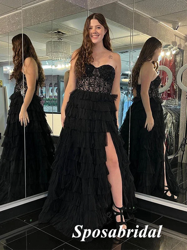 Sexy Black Sweetheaart A-Line Long Prom Dresses With Applique And Beading, PD3773