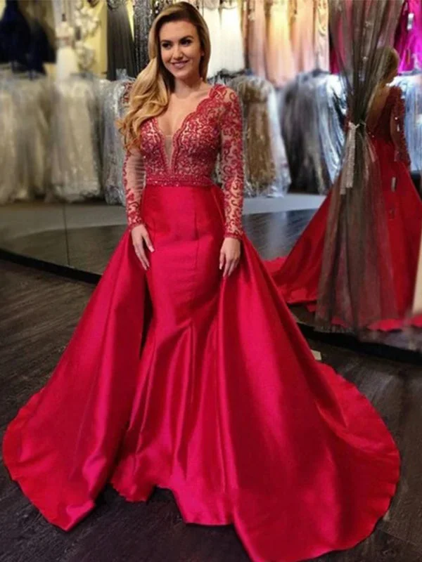 Sexy Red V-neck Lace Top Open Back Mermaid Detachable Long Prom Dress, PD3244