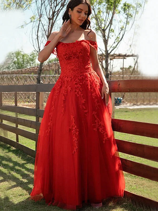 Red Off-shoulder Lace Top Sexy A-line Long Prom Dress, PD3475