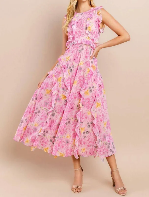 Floral Printed Midi Dress In Pink