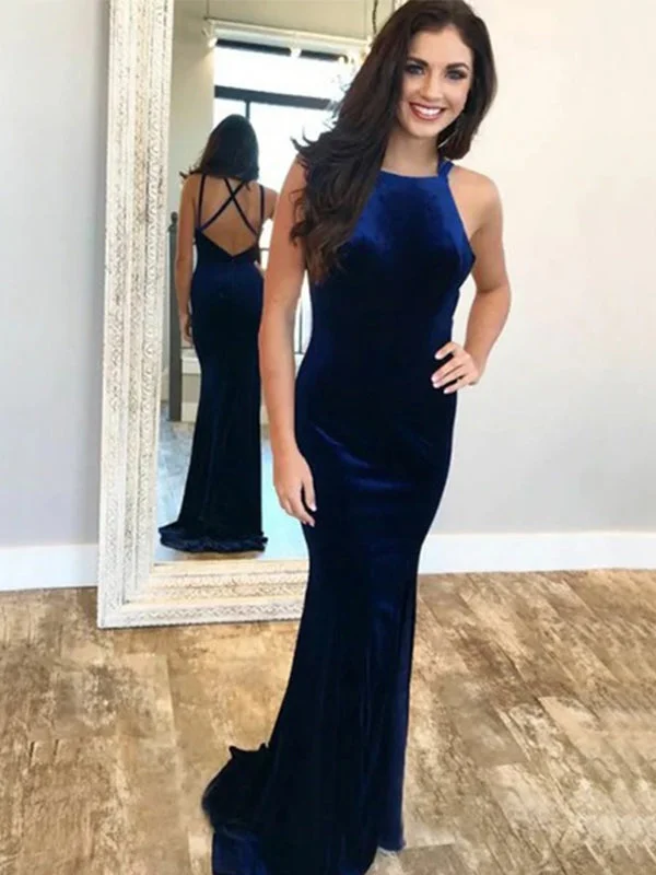 Sexy Navy Blue Velvet Open Back Mermaid Long Prom Dress, PD3267