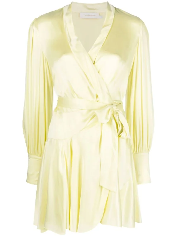 Silk Wrap Mini Dress In Lemon