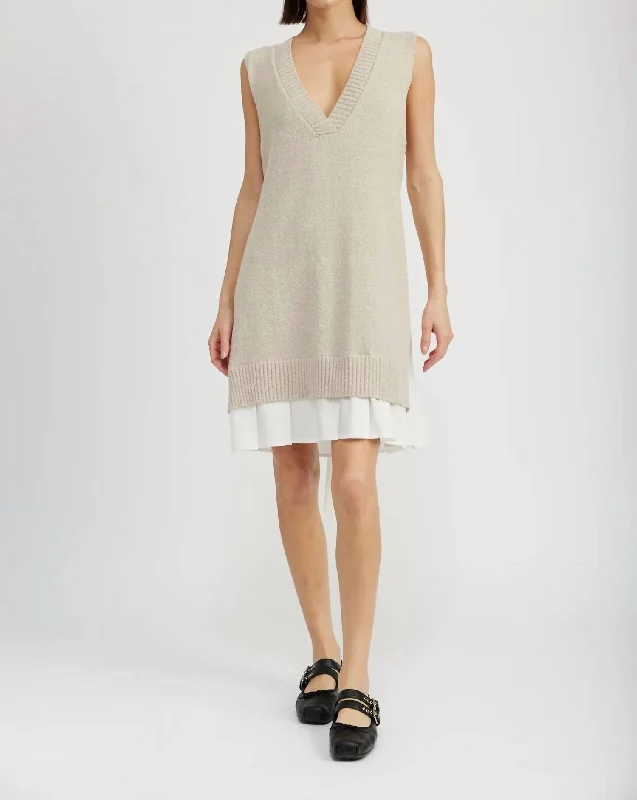 Whitney Mixed Media Midi Dress In Beige And White