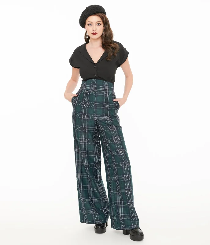 Unique Vintage 1940s Green & Black Plaid High Waist Pants