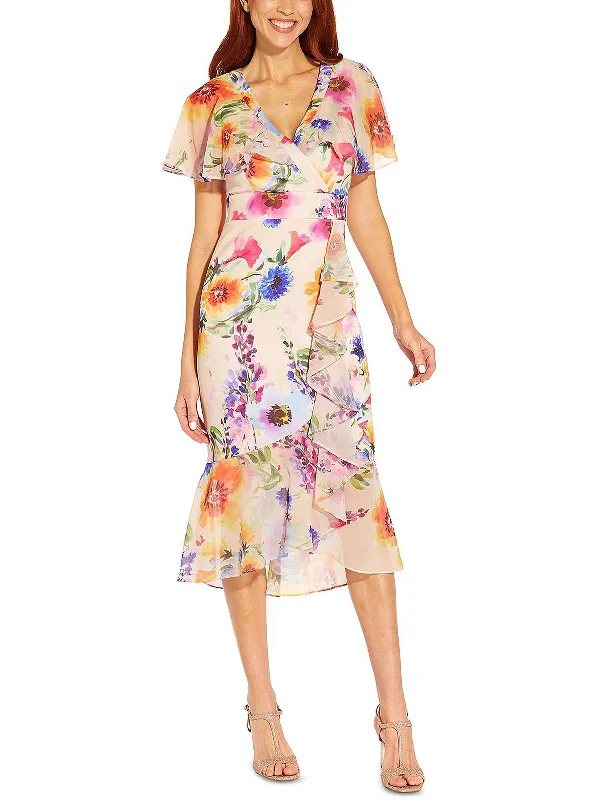 Womens Floral Print Faux Wrap Midi Dress