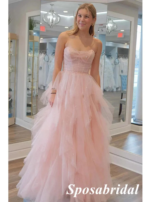 Lovely Pink Tulle Sweetheart A-Line Long Prom Dresses, PD3823