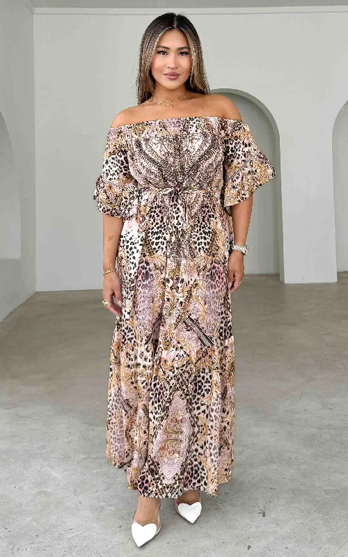 Gamela Gem Embellished Maxi Dress - Beige Leopard Multi Print