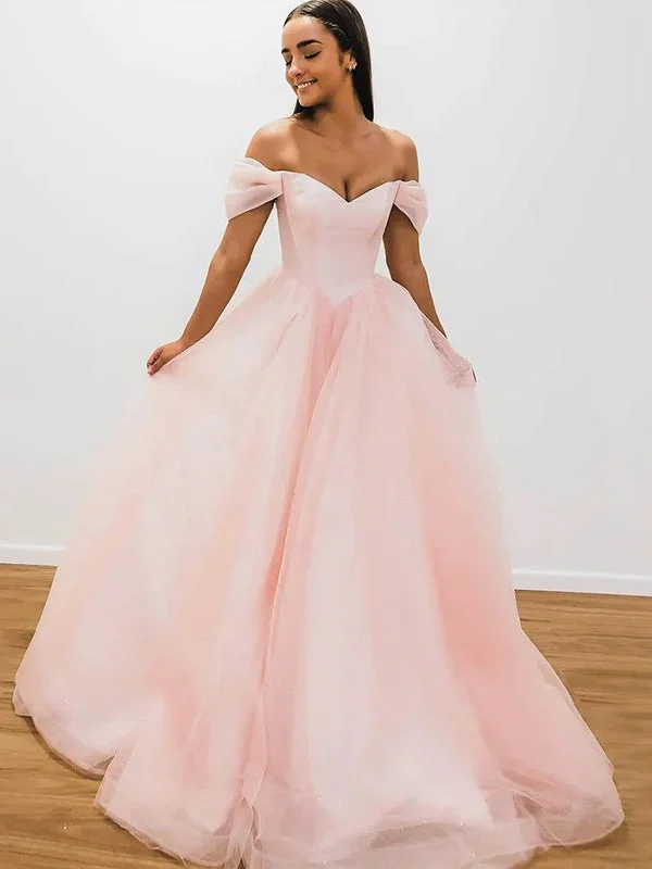 Blush Pink Off-shoulder V-neck Lace-up Back A-line Long Prom Dress, PD3474