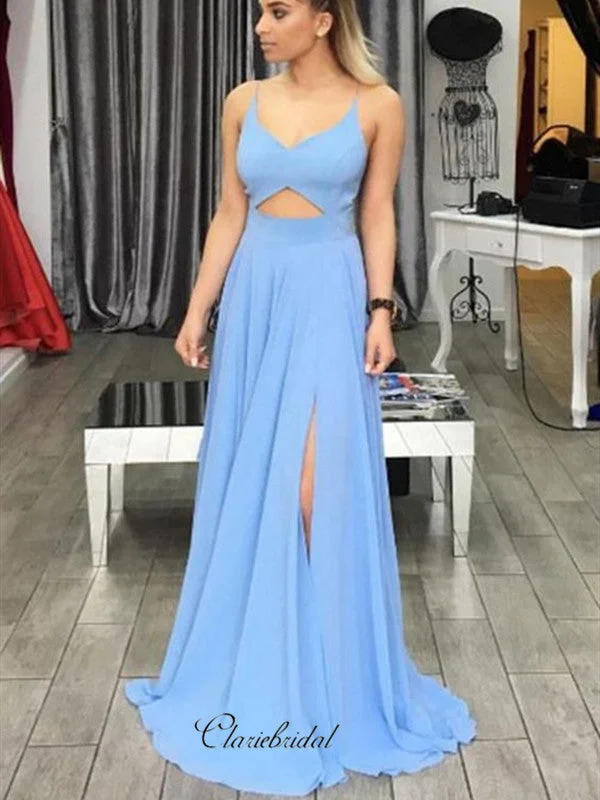 Spaghetti Straps Prom Dresses Long, Open Back High Slit Prom Dresses