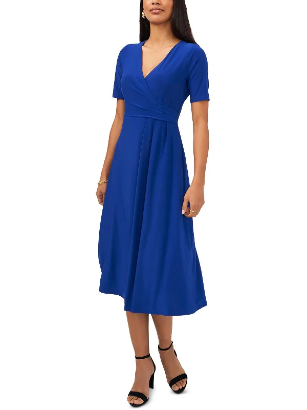 Petites Womens Surplice Mid Calf Midi Dress