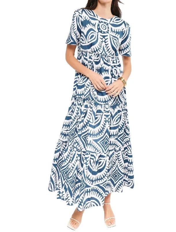 Alfarero Midi Dress In Blue Tribal Motif