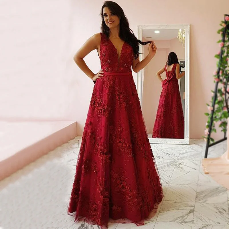 Sexy Full Lace Sleeveless V-neck Deep Red A-line Long Prom Dress, PD3313