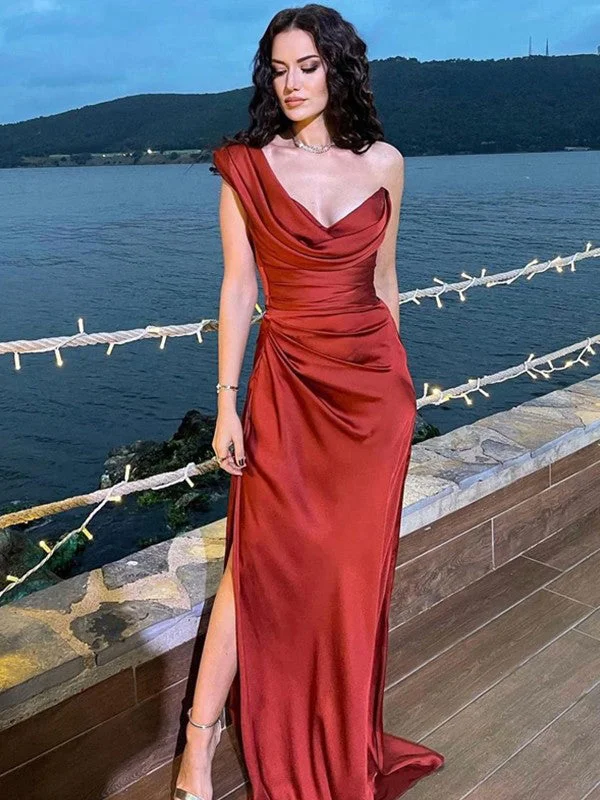 Elegant One-shoulder Pleats Red Sexy Side-slit Long Mermaid Prom Dress, PD3531