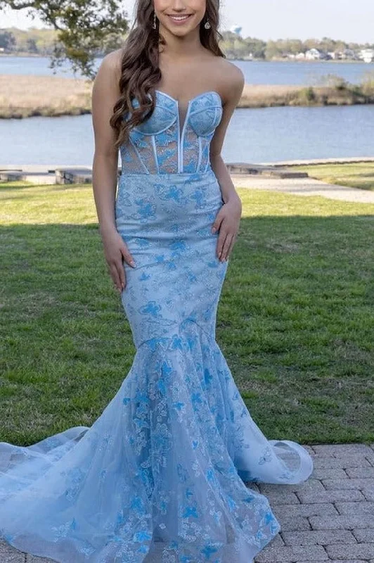 Blue Strapless Lace Appliques Sleeveless Mermaid Formal Prom Dress