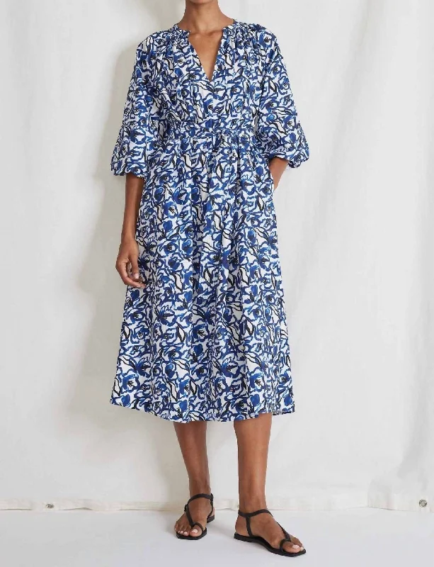 Sun Mesa Midi Dress In Brushed Floral Indigo