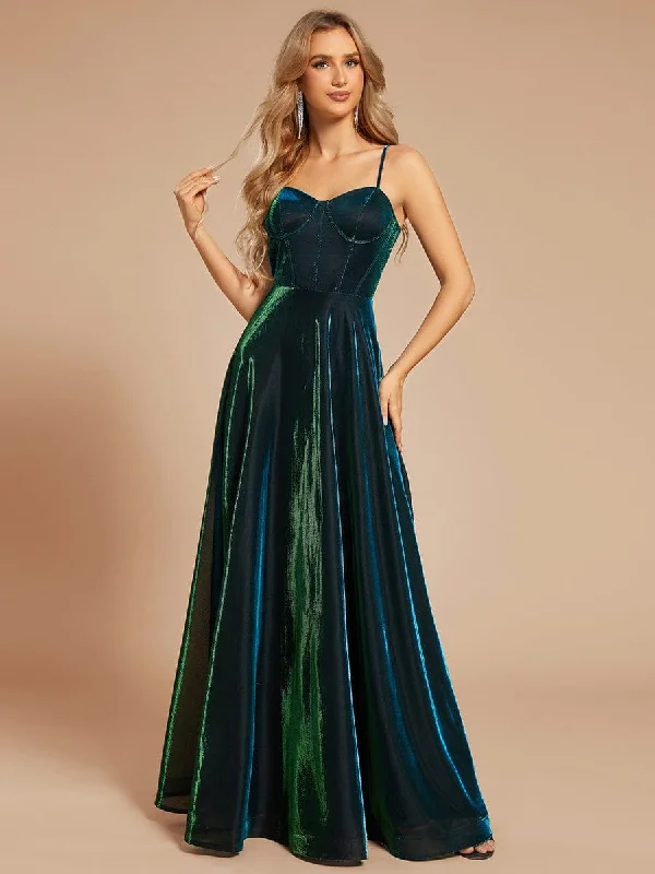 Custom Size Iridescent Mesh Spaghetti Strap V-neck A-line Prom Dress