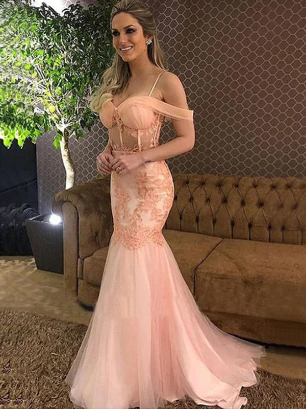 Sexy Blush Pink Off-shoulder Corset Top Mermaid Lace Long Prom Dress, PD3213