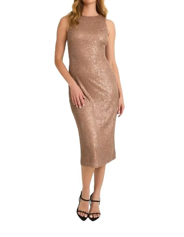 High Neck Sequin Midi Dress In Mocha