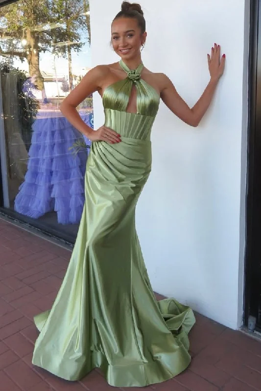 Halter Mermaid Satin Pleated Sleeveless Long Formal Prom Dress