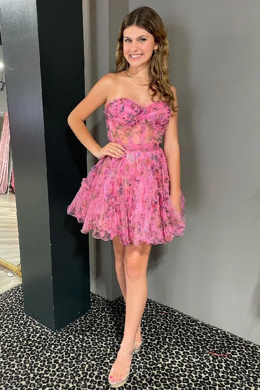 Fuchsia Floral Print Sweetheart A-Line Homecoming Dress