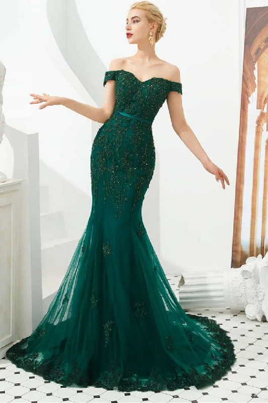 Hunter Green Off-the-Shoulder Appliques Trumpet Long Formal Dress