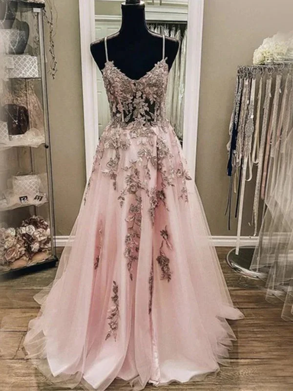 Sexy Elegant Blush Pink Floral Spaghetti Strap A-line Long Prom Dress, PD3188