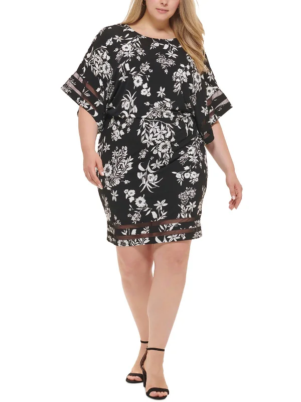 Plus Womens Floral Blouson Cocktail And Party Dress