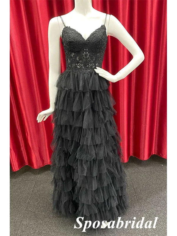 Sexy Black Tulle And Lace Spaghetti Straps V-Neck A-Line Long Prom Dresses, PD3758