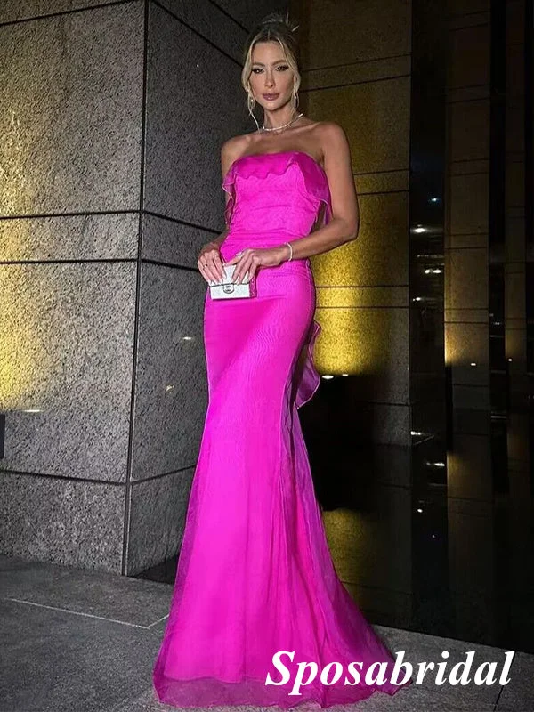 Sexy Fuchsia Pink Organza Sweetheart Sleeveless Mermaid Long Prom Dresses, PD3874