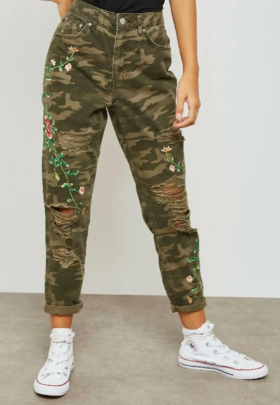 High Rise Camo Print Floral Embroidery Ripped Mom Jeans In Multicolor