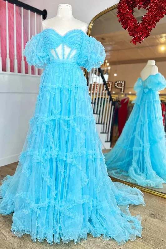 Light Blue Sheer Corset Ruffles A-Line Prom Dress with Puff Sleeves