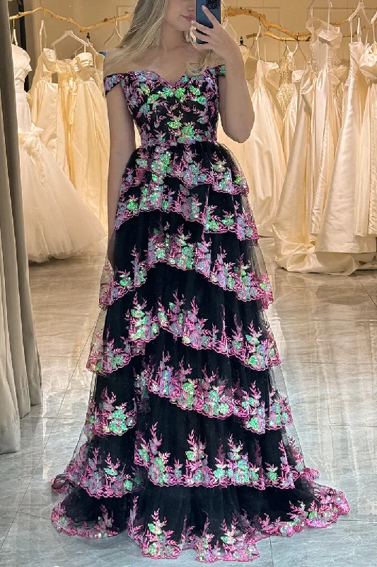 Stunning Off-Shoulder Sequins Appliques Layered A-Line Prom Dress