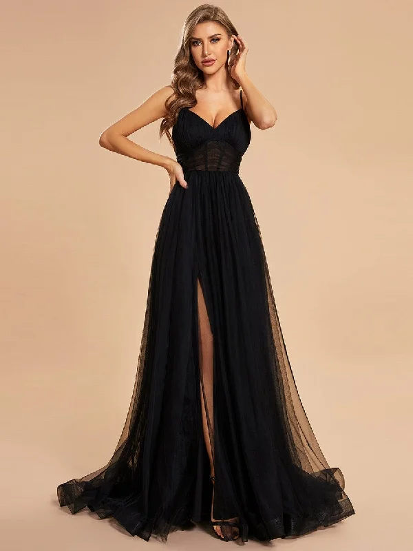 Custom Size Illusion Spaghetti Strap High Slit Tulle Prom Dress with Train