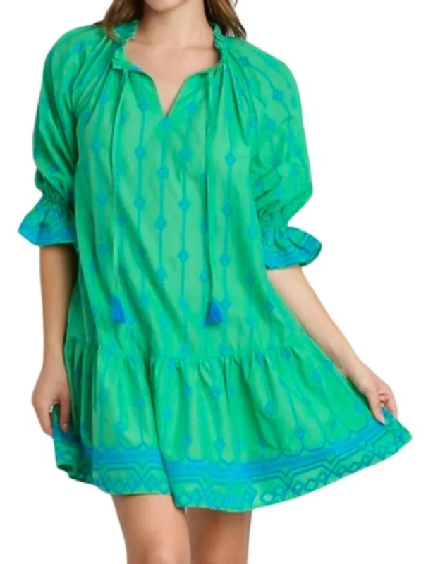 Embroidery Mini Dress In Green/blue