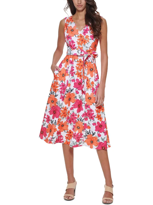 Petites Womens Floral Print A-Line Midi Dress