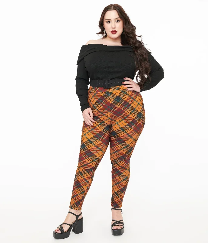 Unique Vintage Plus Size 1960s Mustard & Burgundy Plaid High Waist Cigarette Pants