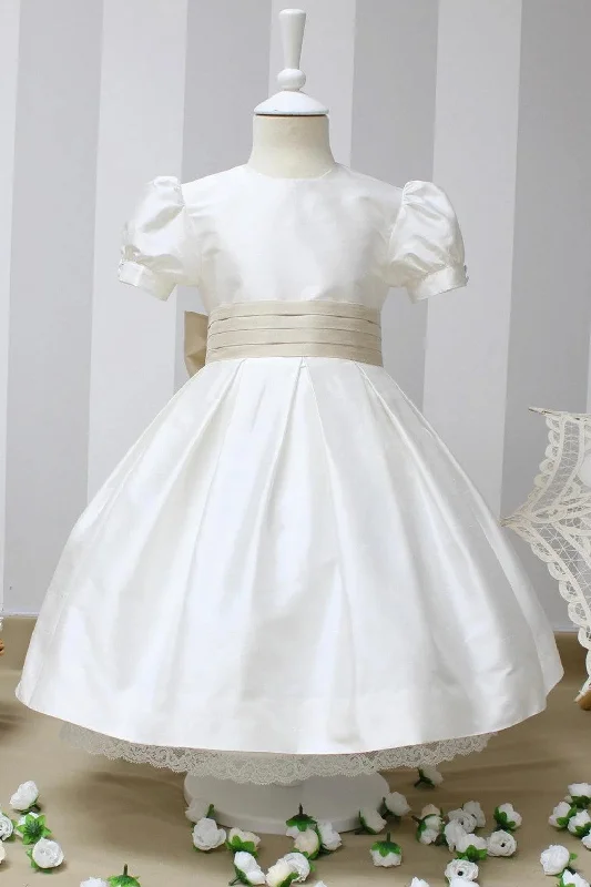 Off White Satin Puff Sleeve Banded Waist Bow Girl Party Dress